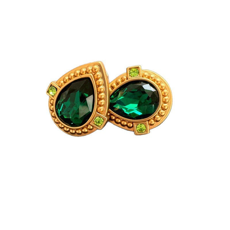 Retro Matte Brass Texture Heart Color Glass Ear Stud Earrings