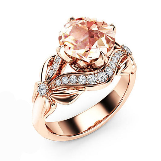 Women's Ornament Rose Gold Champagne Zircon Flower Rings