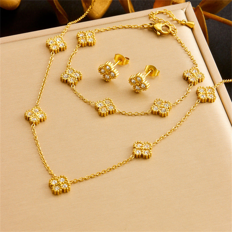 Exquisite Gold-plated Stainless Steel Love Pearl Flower Butterfly Jewelry Set