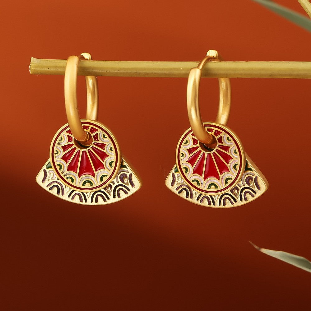 Glazed Fan-shaped Female Niche Advanced Design Multiple Ways Earrings