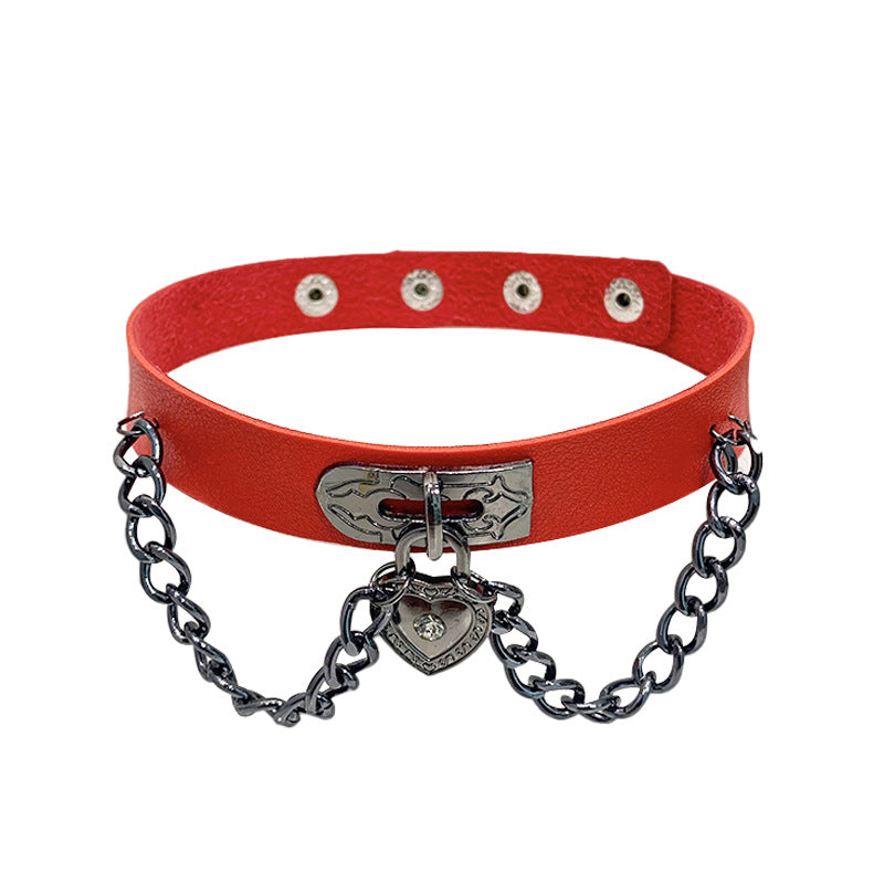 Love Leather Chain Neck Band Peach Heart Collar