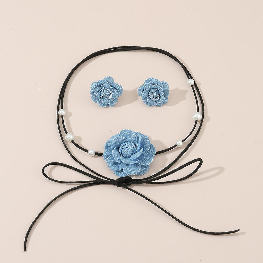 Women's Denim Camellia Beaded Suite French Minority Necklace