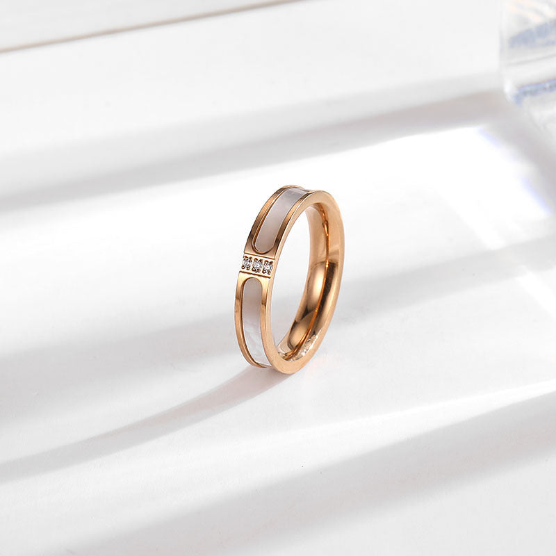 Three Diamond White Shell Titanium Steel Female Niche Style Rings