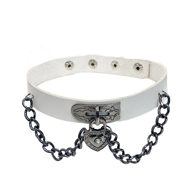 Love Leather Chain Neck Band Peach Heart Collar