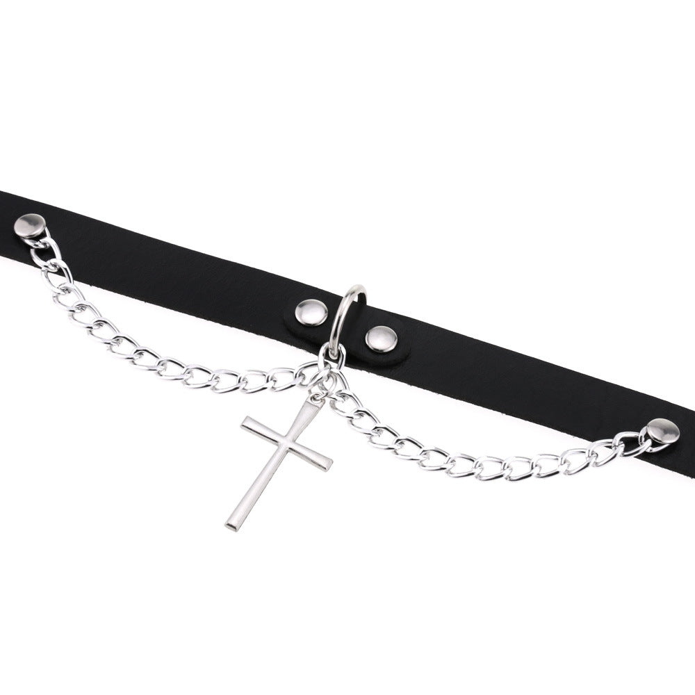 Leather Chain Cross Clavicle Classic Neckband Collar