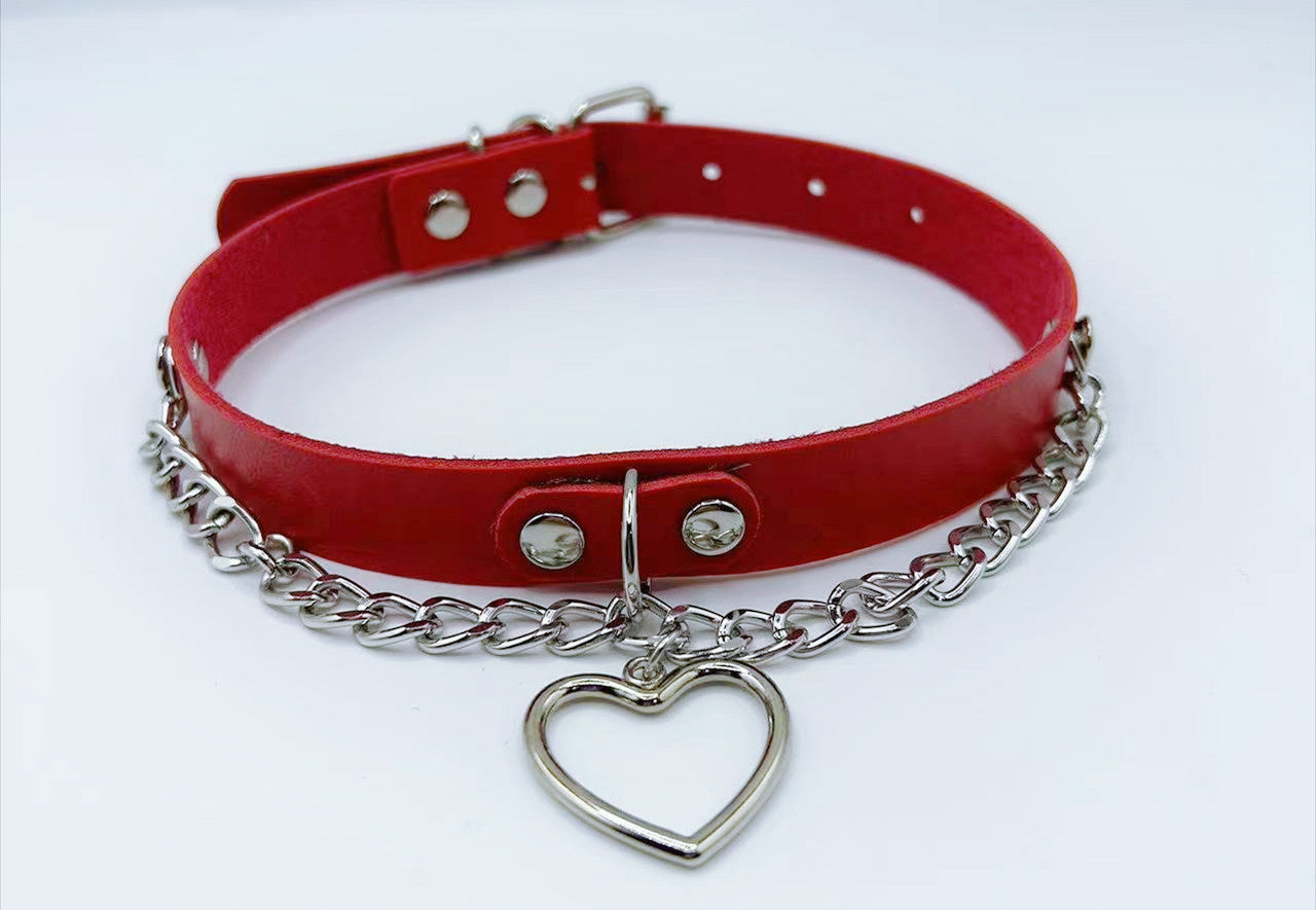 Love Peach Heart Neck Band Leather Collar