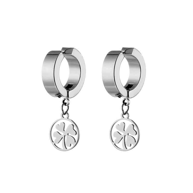 Men's Steel Trendy Ear Clip Color Cold Wind Round Heart Grass Earrings