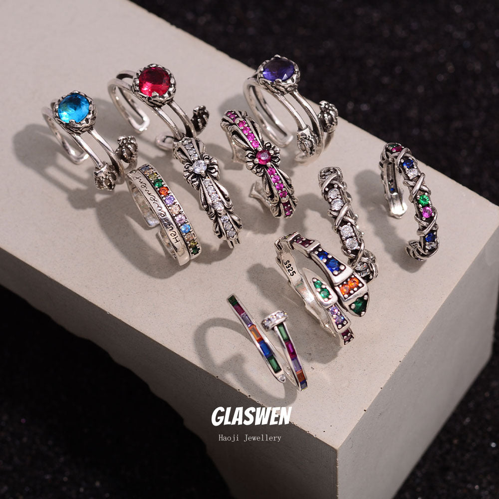 Light Luxury Trendy High Sense Colorful Crystals Cross Female Rings