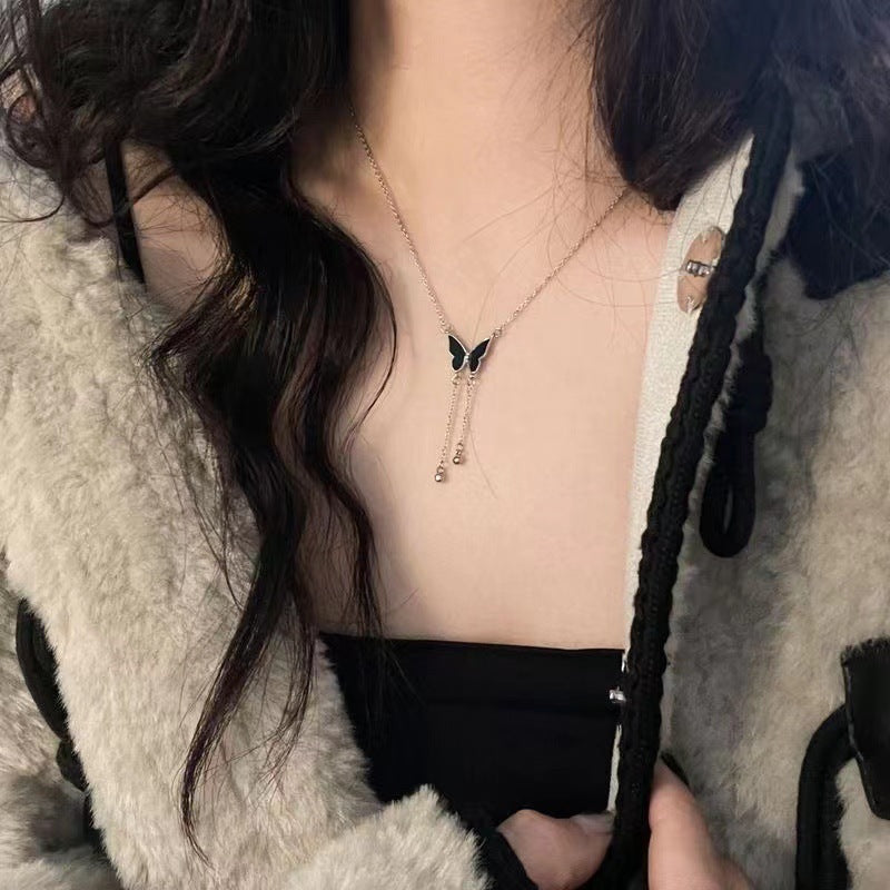 Cabbage Black Tassel Butterfly Sweater Light Luxury Minority Clavicle Chain Necklace