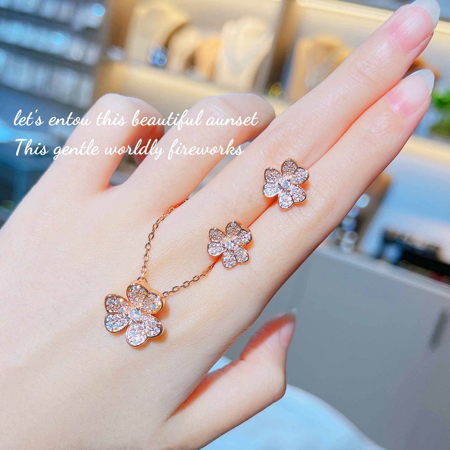 Women's Classic Lucky Clover Full Diamond Petal Flower Light Luxury Minority Jewelry Set