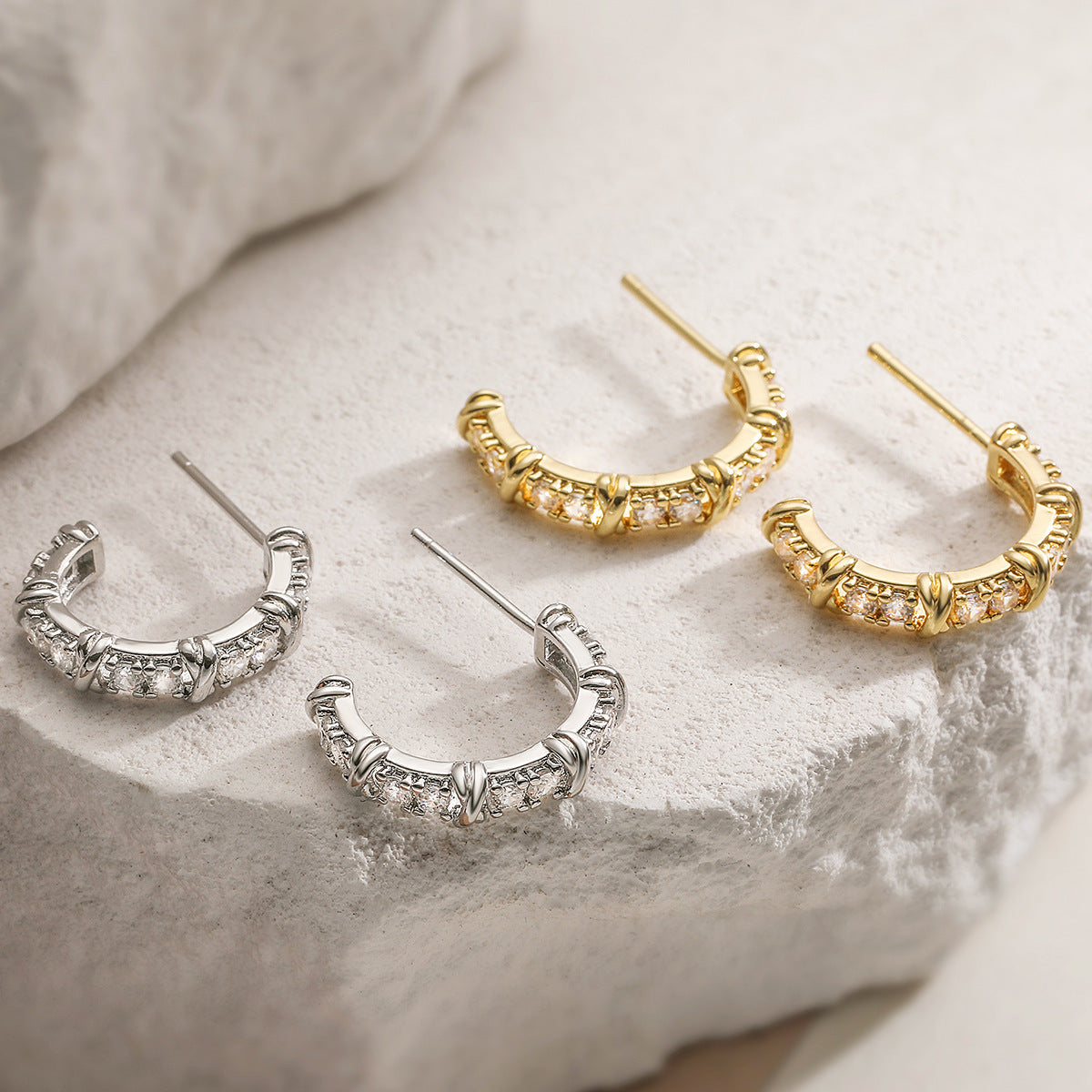 Simple Light Luxury Gold Zircon Shaped Female Niche Stud Earrings