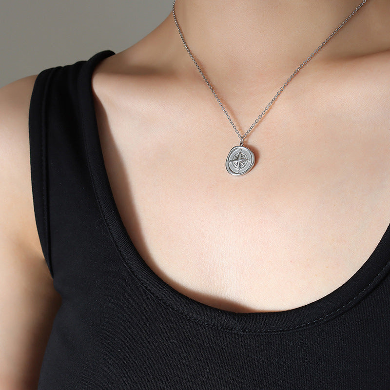 Round Compass Design Titanium Steel Gold-plated Necklace