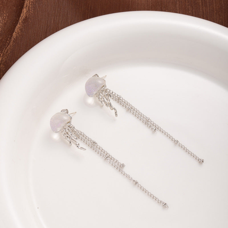 Women's Sier Needle Jellyfish Tassel Unique Design Stud Earrings