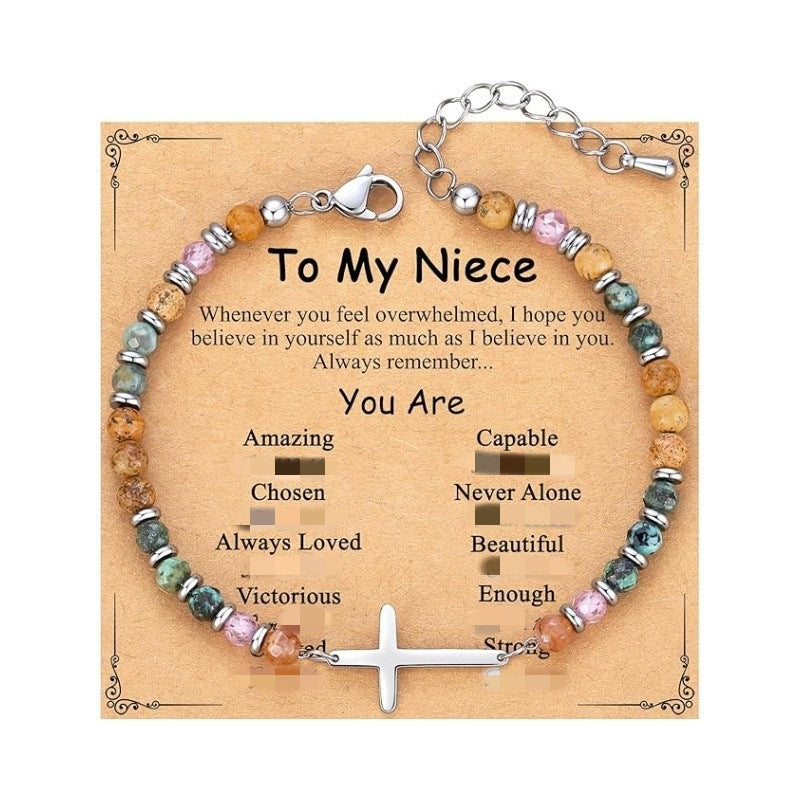 Women's Natural Stone Beaded Cross Lobster Buckle Adjustable Band Bracelet