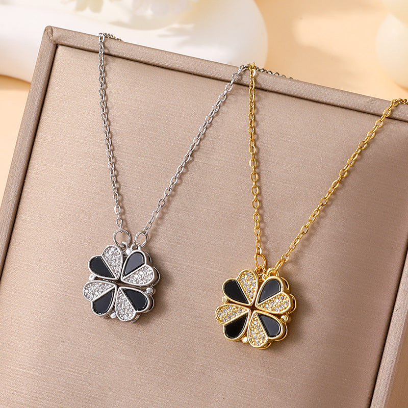 Women's Heart-to-heart Open Close Four-leaf Titanium Steel Fashionable Heart-shaped Folding Clavicle Necklace