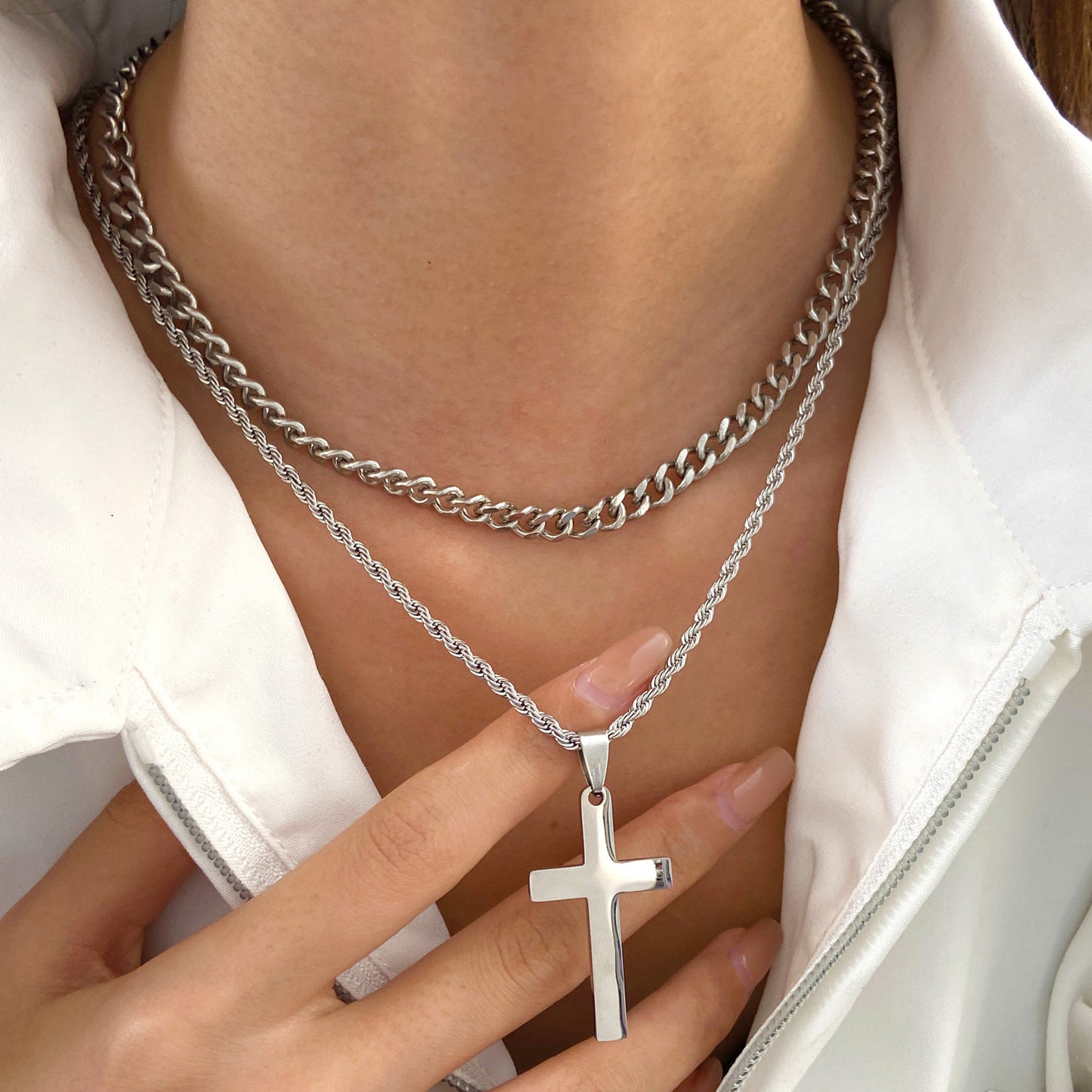 Steel Stainless Double Layer Cross Female Male Necklaces