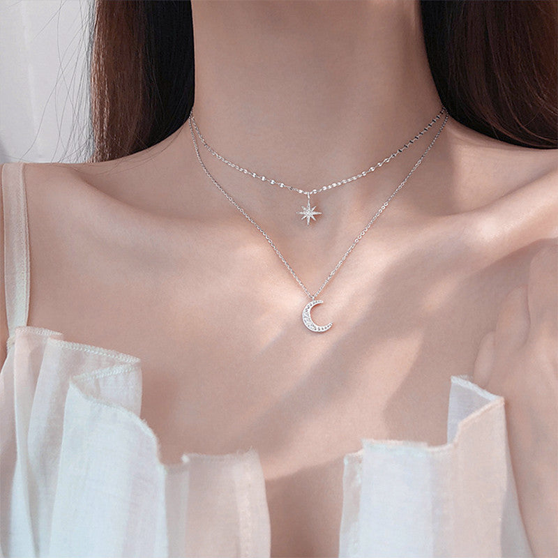 Style Sier Rhinestone Asterism Moon Niche Female Clavicle Chain Design Necklaces