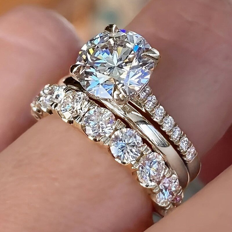 Women's Zircon Diamond Three-piece Fashion Wedding White Gold Rings