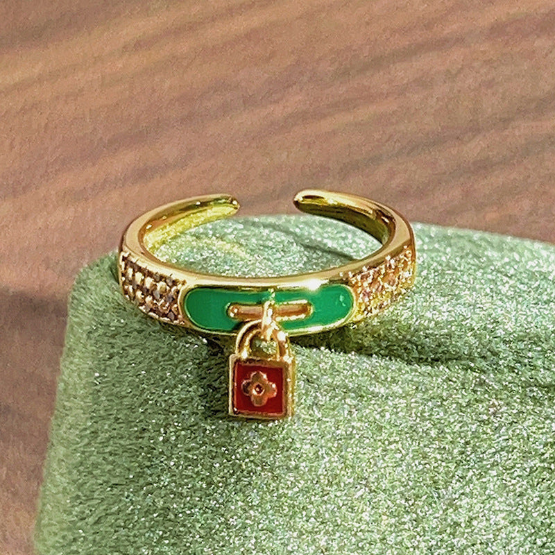 Retro Color Enamel Lock Pig Nose Open-end Zircon Ring