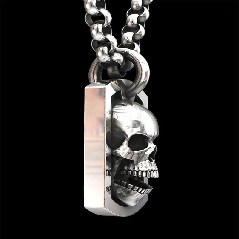 Billion Dark Hip Hop Skull Square Sier Plated Necklace