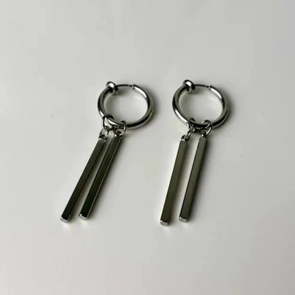 Men's Stainless Steel Double Stick Rectangular Long Bar Niche High Sense Earrings