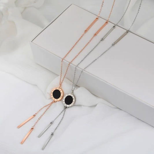 Geometric Wafer Roman Numerals Long Tassel Necklace