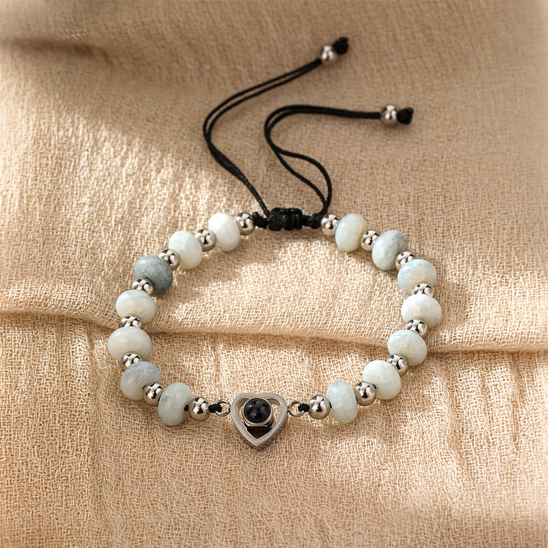Stone Beaded Heart-shaped Stainless Steel Couple Confession Hd Projection Customizable Bracelet