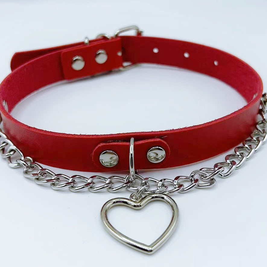 Love Peach Heart Neck Band Leather Collar