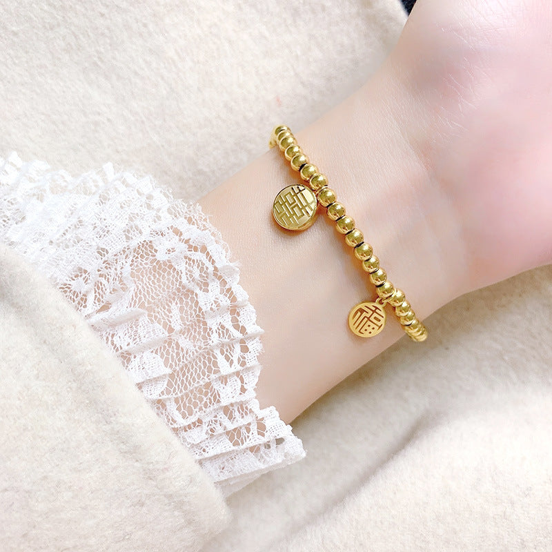 Beads Round Stretch Female Design Titanium Steel Golden Hollow Blessing Bracelet