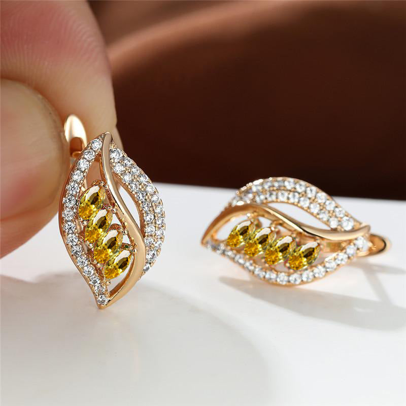 Green Empty Female Champagne Gold Four Diamond Leaf Micro High Stud Earrings
