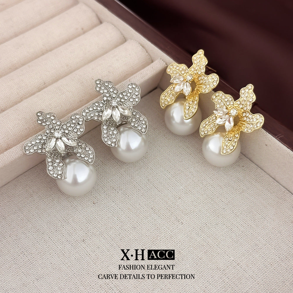 Diamond Flower Large Pearl Female Entry Lux Earrings