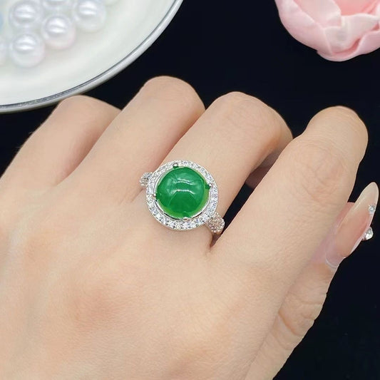 Natural Icy Positive Green Emerald Egg Surface Four Claws Inlaid Ring