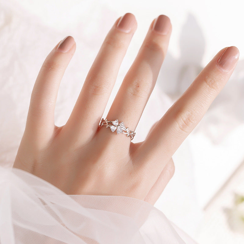 Lucky Four-leaf Clover Female Fashion Proposal Gifts For Girlfriend Heart-shaped Ring