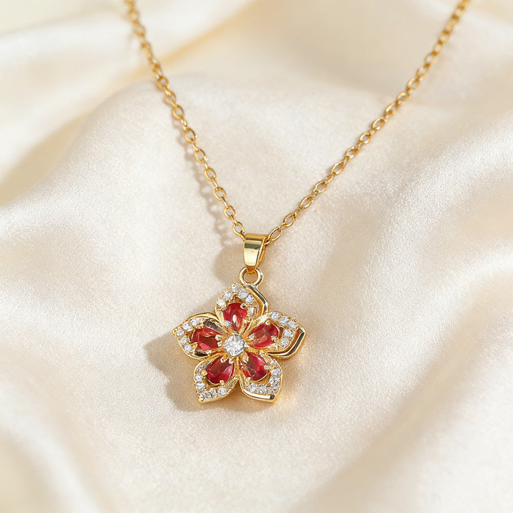 Women's Zircon Light Luxury High-grade Rotating Flower Fashion Titanium Steel Clavicle Necklaces