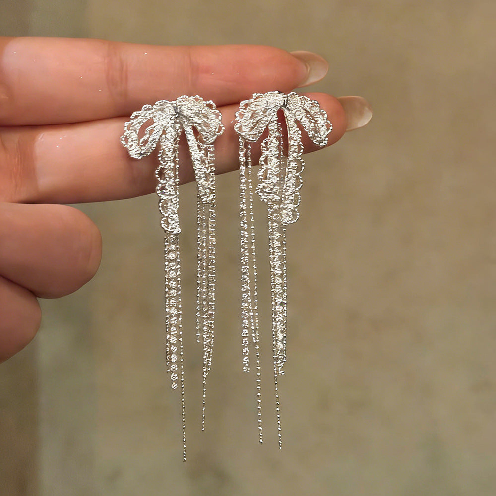 Women's Super Fairy Bow Tassel Long Rhinestone Light Luxury Niche Earrings