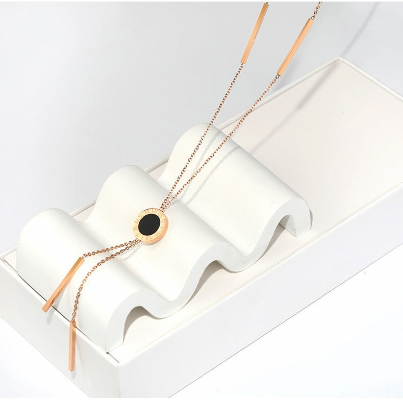 Geometric Wafer Roman Numerals Long Tassel Necklace
