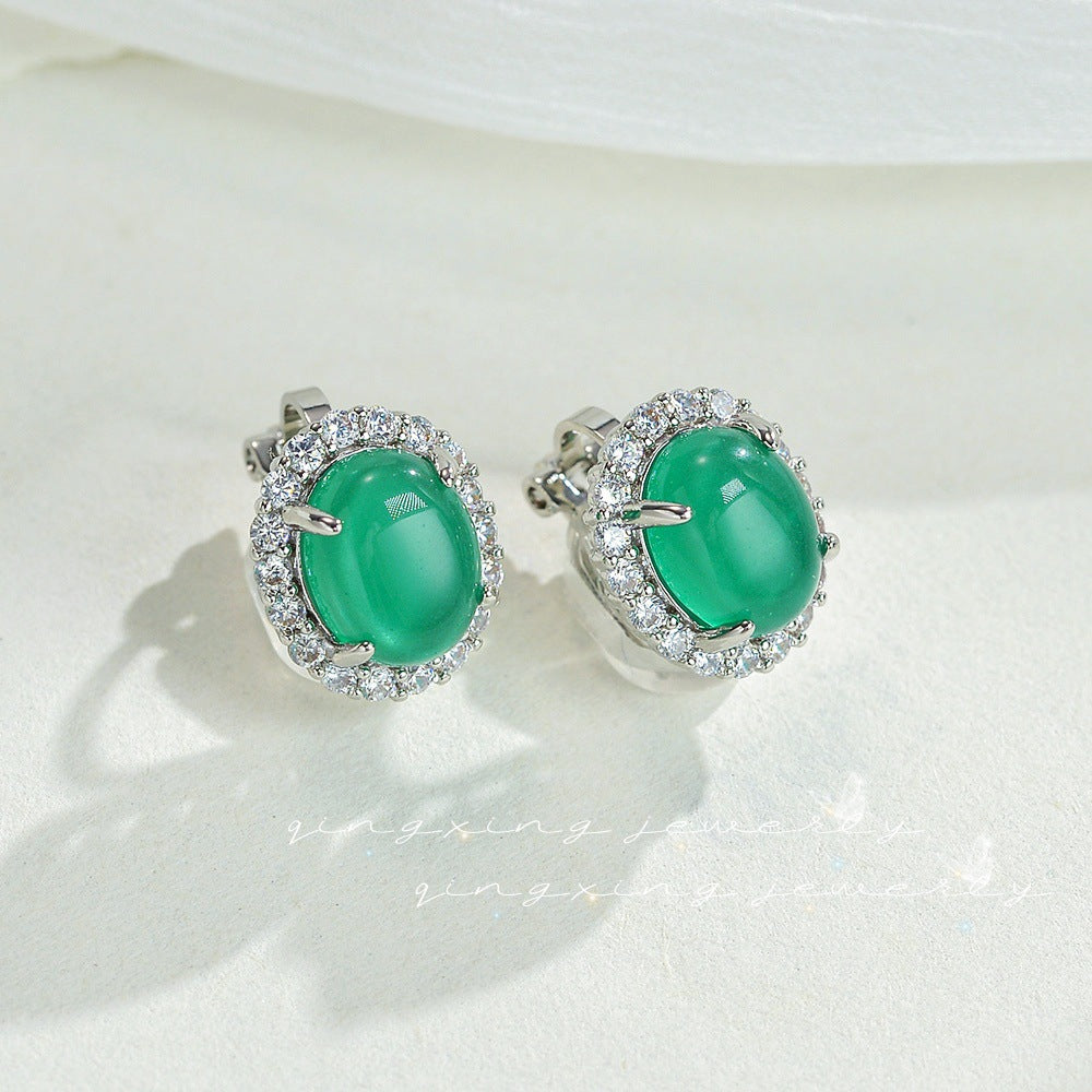 Needle Natural Iced Green Chalcedony Red Corundum Ear Clip Big Rings