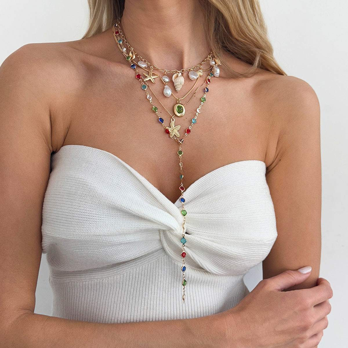 Style Conch Shell Colorful Crystal Chain Imitation Necklace