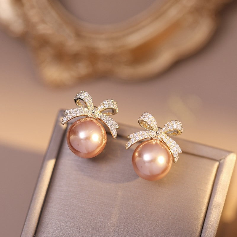 Women's Bowknot Pearl With Diamonds Temperament Wild Niche Design Stud Earrings