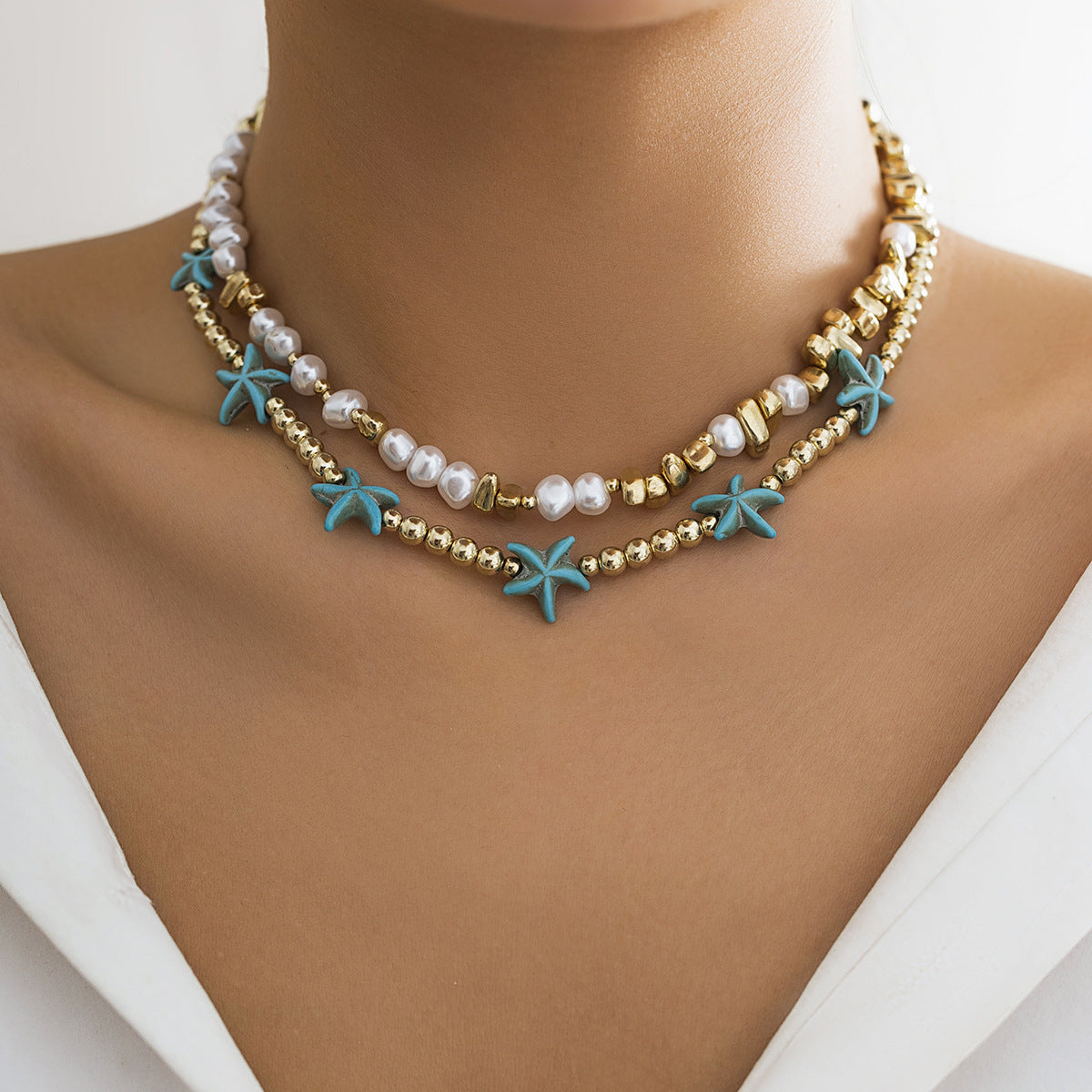 Women's Ocean Style Beads Stringed Clavicle Starfish Shell Necklaces