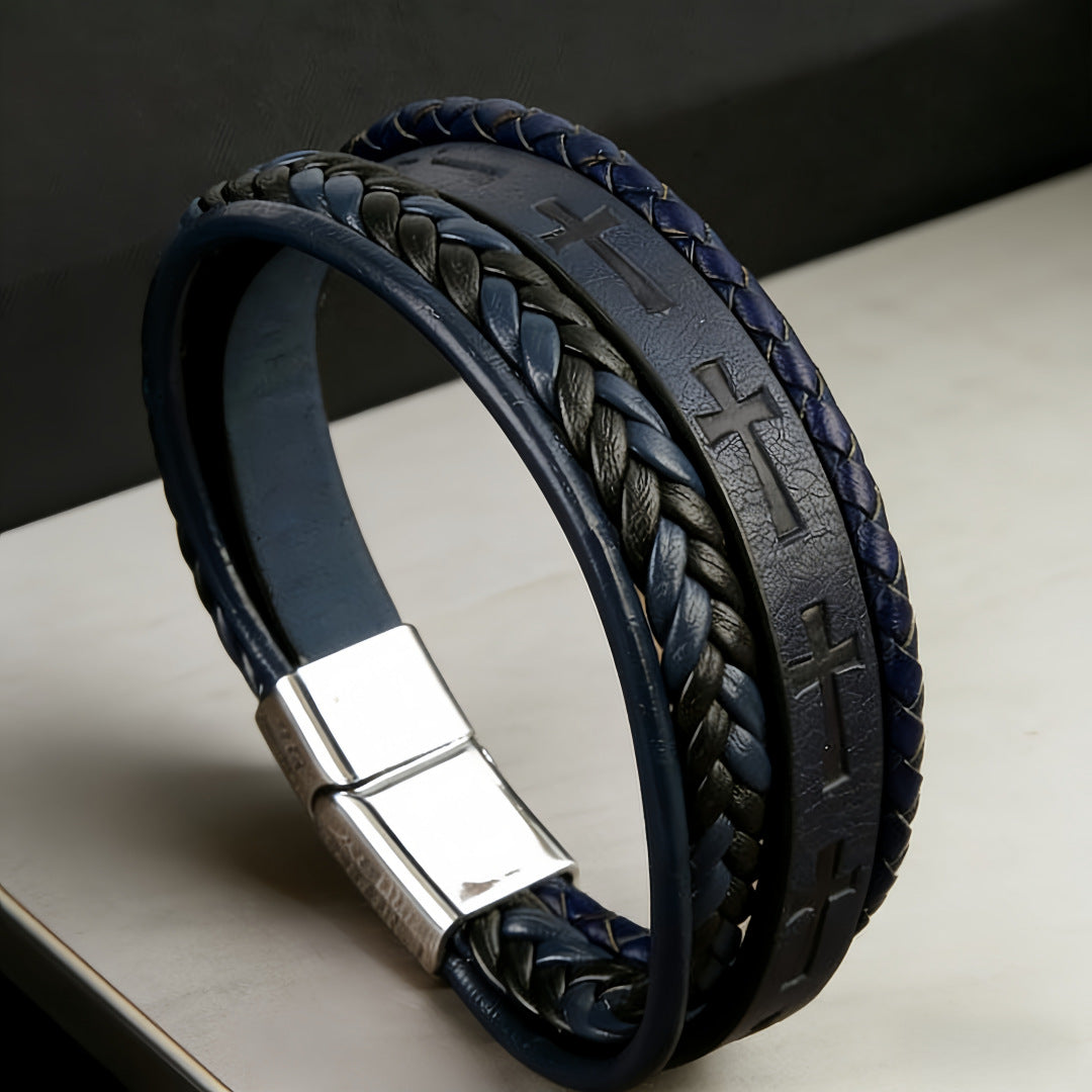 Men's Woven Leather Cross Magnetic Snap Trendy Cool Bracelets