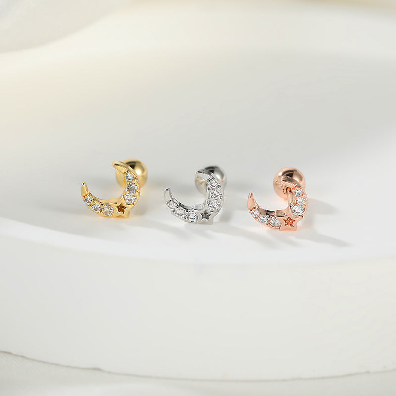 Fashion Lady Micro Inlaid Zircon Rose Gold Plating Star Moon Stud Earrings