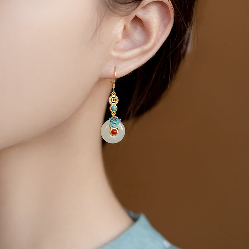 Jade Copper Coin Ear Hook Enamel Ancient Earrings
