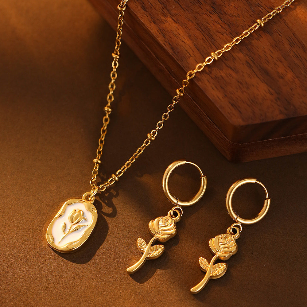 Women's Stainless Steel Rose Suite Titanium Gold Waterproof Jewelry Set