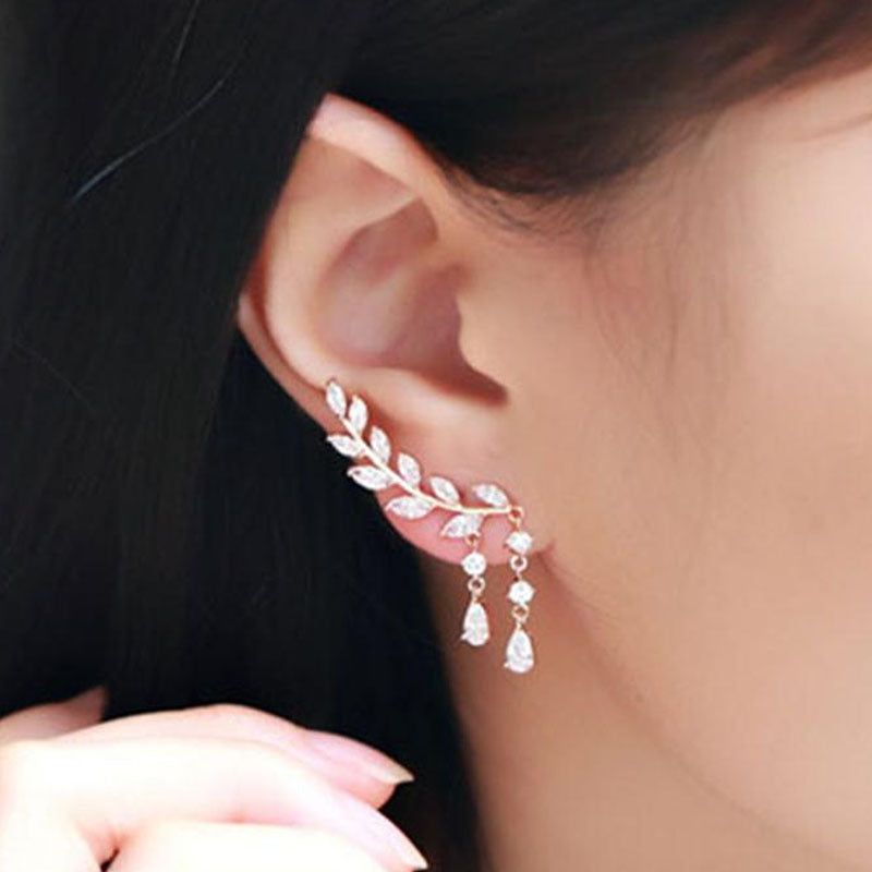 Sweet Rhinestone Popular Leaves Tassel Crystal Earrings
