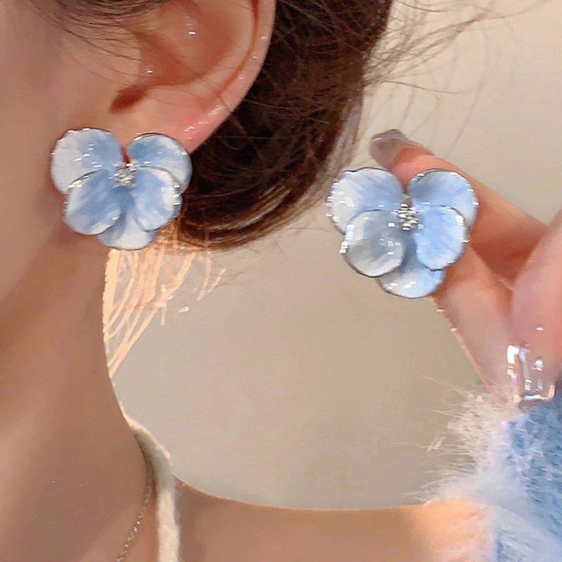 Blue Crystal Butterfly Flower Fashion Simple Fresh Light Luxury High Earrings