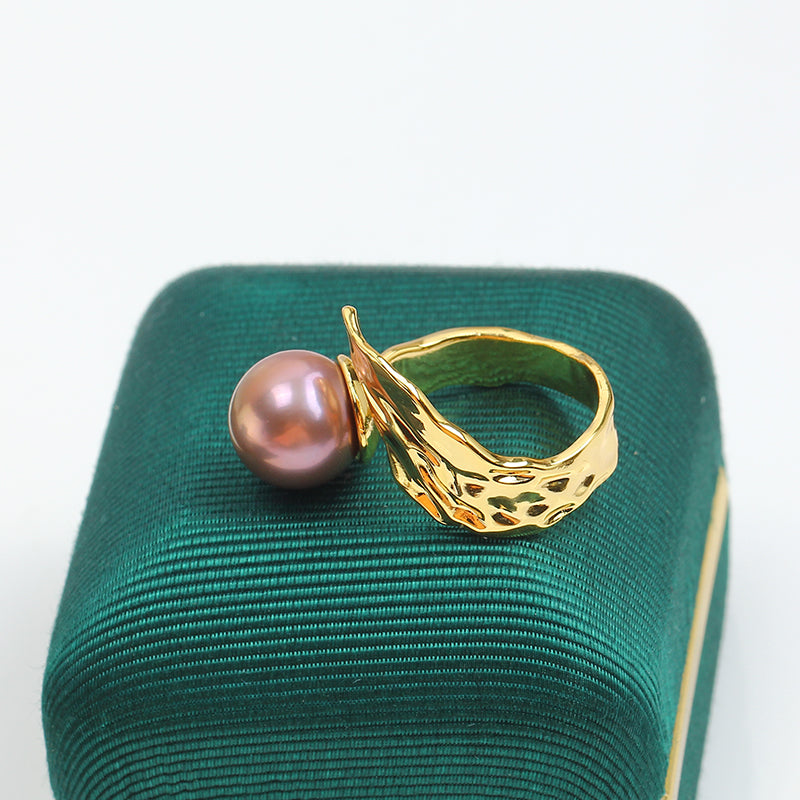 Women's Gold Injection Plating Color Retaining Leaf Zircon Pearl Eardrop Frame Ring