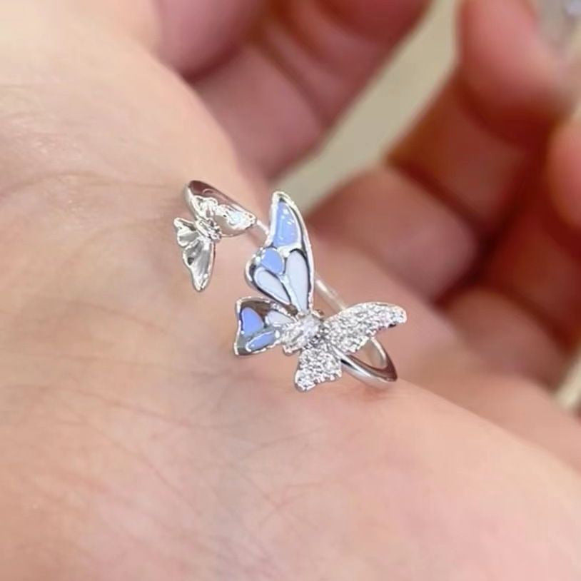 Blue Double Butterfly Open Good-looking Retro Affordable Luxury Exquisite Rings