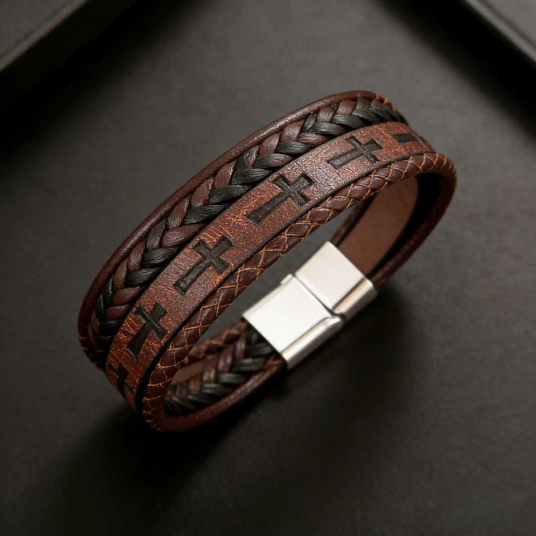 Men's Woven Leather Cross Magnetic Snap Trendy Cool Bracelets