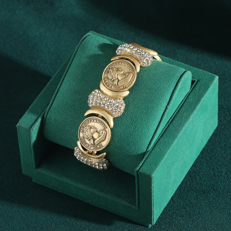 Vintage Summer Antique Coin Avatar Wide Distressed Diamond Copper Plated Bracelets